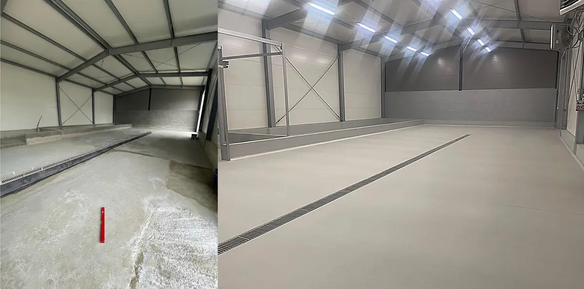 Canal de drenagem industrial no pavilhão de produção